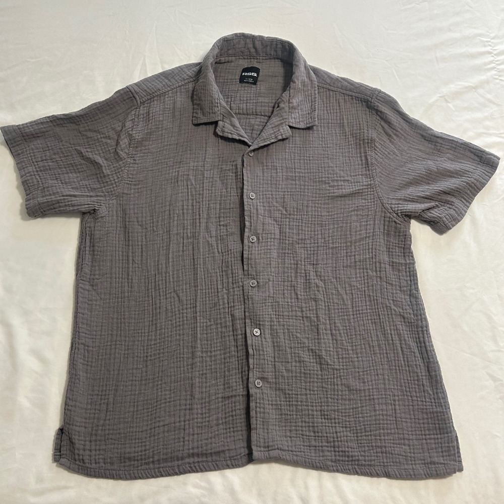 RSQ Mens Short Sleeve Button Down Shirt Gray Crinkle Gauze Cotton Large